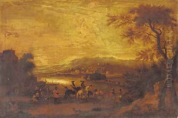 Cavalrymen approaching a riverside town Oil Painting by Jan Wyck