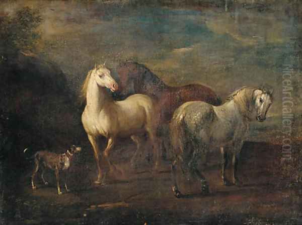 Three horses and a dog in a landscape Oil Painting by Jan Wyck