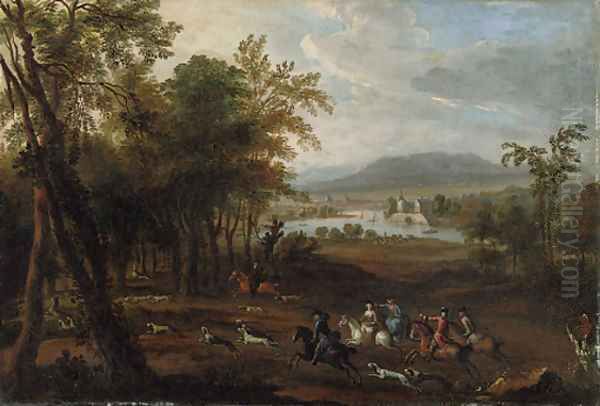 A stag hunt in a wooded landscape, with a mansion beside a river beyond Oil Painting by Jan Wyck