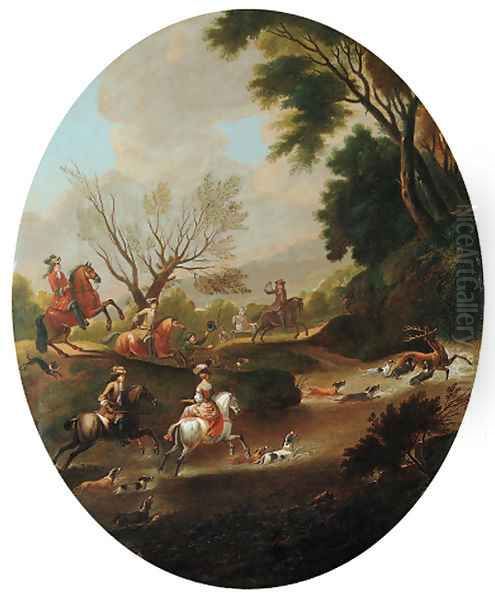 A stag hunt in a wooded river landscape Oil Painting by Jan Wyck