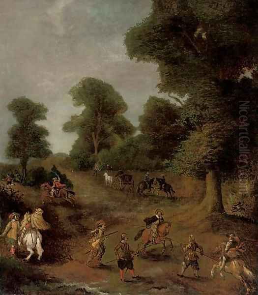 A wooded landscape with travellers under siege Oil Painting by Jan Wyck