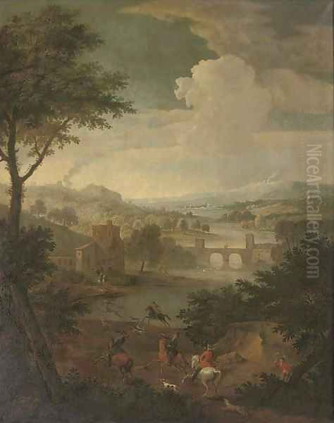 An extensive wooded river landscape with a stag hunt, a bridge beyond Oil Painting by Jan Wyck