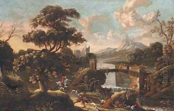 An extensive Italianate landscape with a stag hunt in the foreground Oil Painting by Jan Wyck