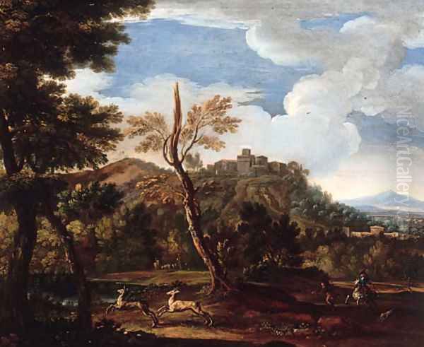 An extensive landscape with a deer hunt Oil Painting by Jan Wyck