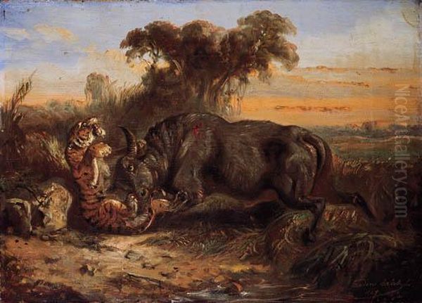 Combat Between A Buffalo And Tiger Oil Painting by Raden Sjarief B. Saleh