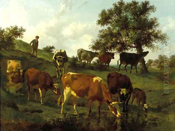 A hilly landscape with a herdsboy and cows drinking by a brook Oil Painting by Edouard Woutermaertens