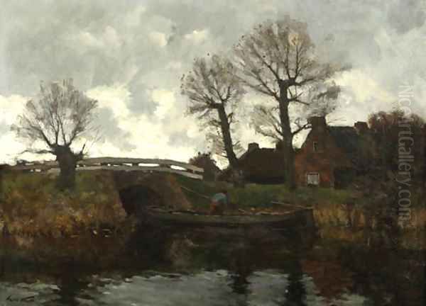 Landscape with a cottage and a fisherman on a canal Oil Painting by Laurent Van Der Windt