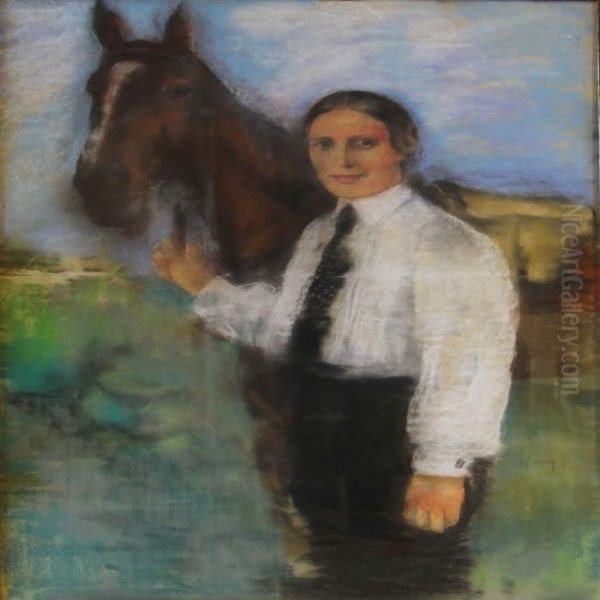 A Woman With Her Horse Oil Painting by Edvard Anders Saltoft