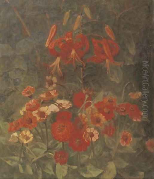 Lelies en zinnias Oil Painting by Marie Wandscheer