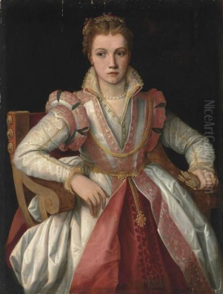 Portrait Of A Lady Oil Painting by Rancesco De' Rossi (see Salviati, Cecchino Del)