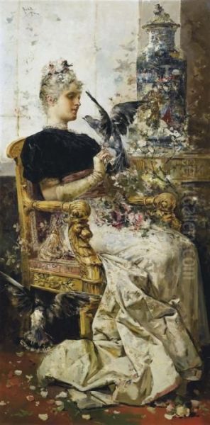 An Elegant Lady Seated In An Interior Oil Painting by Salvador Sanchez-Barbudo Morales