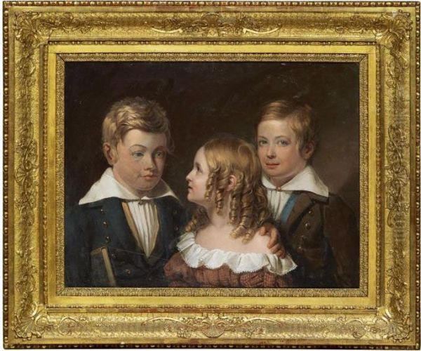 Syskonen Carl Edvard Leonard, Jenny Teresia Och Carl Emil August Roth Oil Painting by Johan Gustav Sandberg