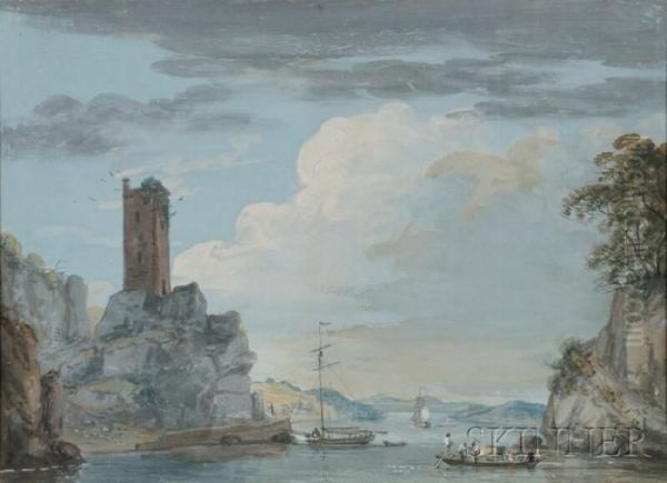 River Landscape With Ferry And Ruined Tower Oil Painting by Paul Sandby