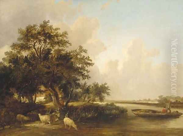 Figures in a punt with sheep watering in a wooded landscape Oil Painting by Edward Charles Williams