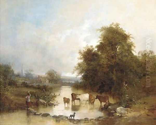 Cattle watering at the stepping stones Oil Painting by Edward Charles Williams