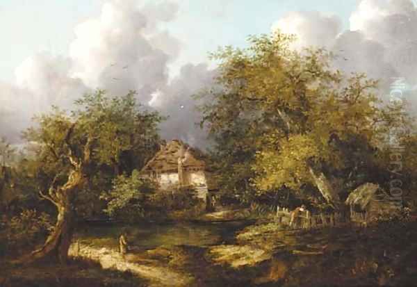 Figures on the bank of a river with a cottage beyond Oil Painting by Edward Charles Williams