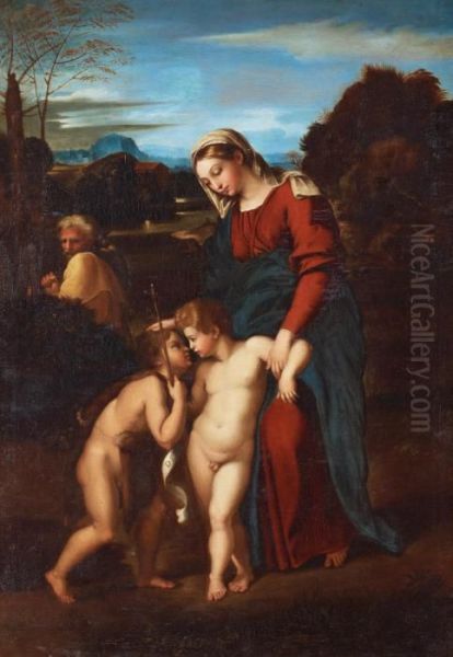 Holy Family With St John. Oil Painting by Raphael (Raffaello Sanzio of Urbino)