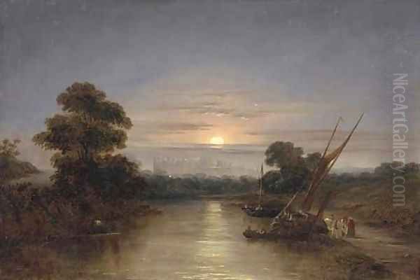 Barges on the Thames at dusk, with Windsor Castle beyond Oil Painting by Edward Charles Williams