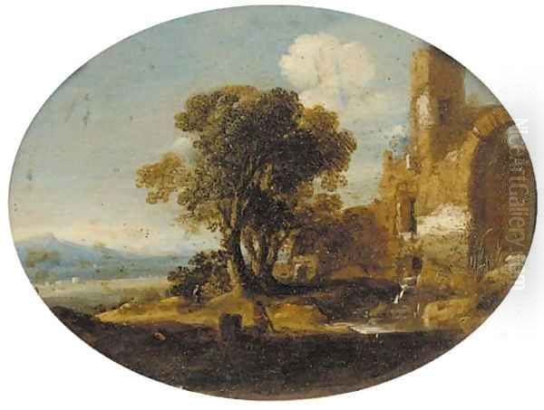 An extensive Italianate landscape with classical ruins Oil Painting by Gottfried Wals