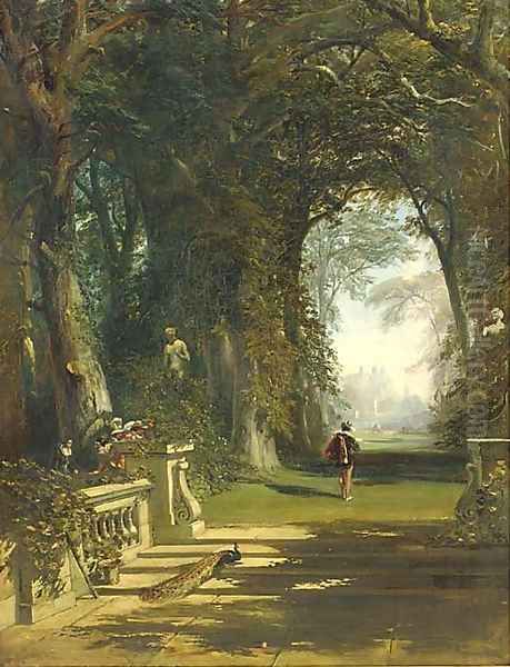 Cavaliers in a wooded avenue, a country house beyond Oil Painting by James Digman Wingfield