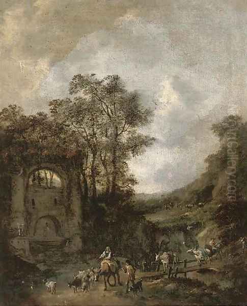 A river landscape with shepherds and their flock crossing a bridge to a fountain Oil Painting by Jan Wynants