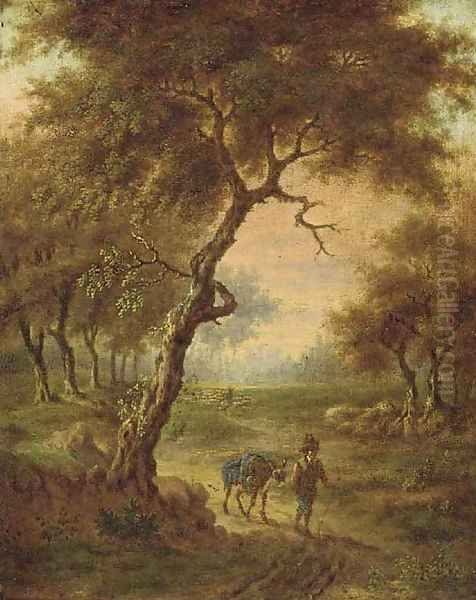 A wooded landscape with a traveller on a path Oil Painting by Jan Wynants