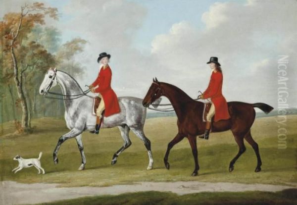 John And Andrew Corbet On Two Hunters, With A Terrier, In An Extensive Landscape Oil Painting by John Nost Sartorius