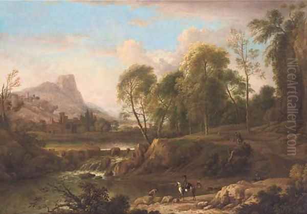 An extensive mountain landscape with horsemen on a track and bathers in a river, a town beyond Oil Painting by Jan Wynants