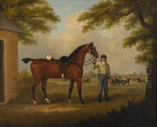 The Charger Of An Officer Of 
Yeomanry Held By A Groom In Stable Dress With Members Of The Troop In 
The Background Oil Painting by John Nost Sartorius