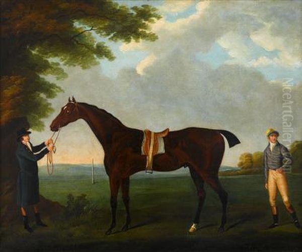 'diamond,' Held By A Groom, With His Jockey Dennis Fitzpatrick, In A Landscape Oil Painting by John Nost Sartorius