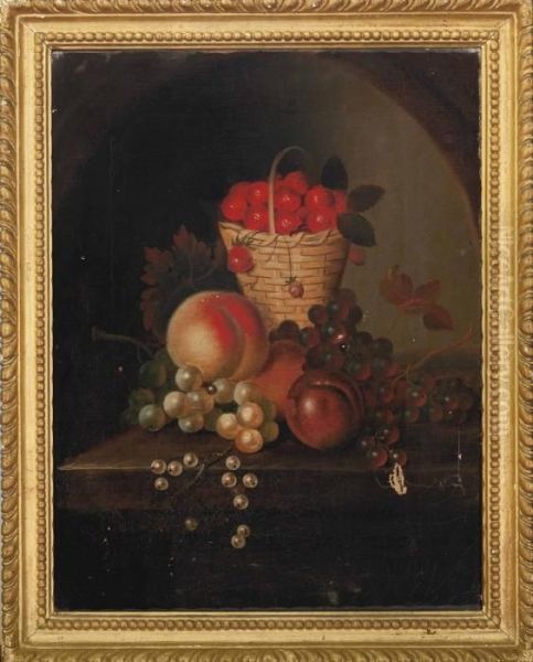 Strawberries In A Wicker Basket, Apples, Grapes And Gooseberries On A Stone Ledge Oil Painting by William Sartorius