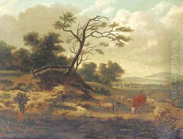 A dune landscape with sheep, a cow and figures on a track Oil Painting by Jan Wynants