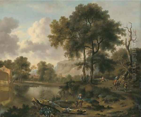 A wooded river landscape with travellers on a road, a village beyond Oil Painting by Jan Wynants