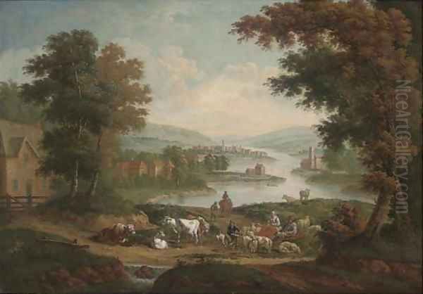 Peasants with sheep and cattle in an extensive river landscape Oil Painting by John Wootton