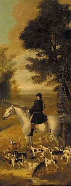 A huntsman on a grey hunter, with harriers in an extensive wooded landscape Oil Painting by John Wootton