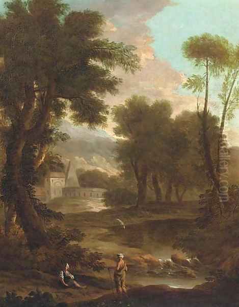 A landscape with a shepherd and shepherdess by a river, classical buildings beyond Oil Painting by John Wootton