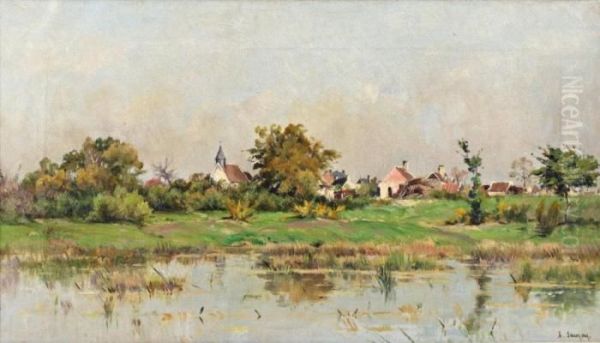 Village Au Bord De La Riviere Oil Painting by Adrien Jacques Sauzay