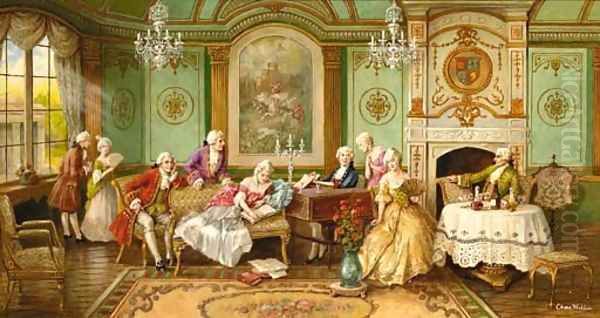 Elegant company relaxing in a drawing room Oil Painting by Charles Willis