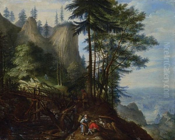 Bohmische Berglandschaft Mit Brucke, Giessbach Und Rastenden Bauern Oil Painting by Roelandt Jacobsz Savery