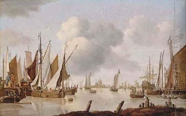 Dutch shipping off an estuary with a threemaster Oil Painting by Isaac Walraven