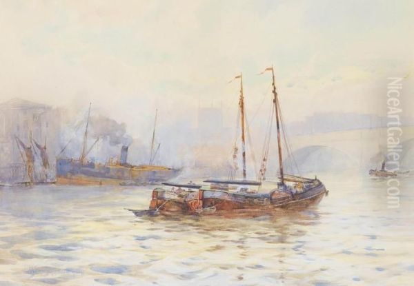 Shipping On The Thames Before London Bridge Oil Painting by William Harrison Scarborough