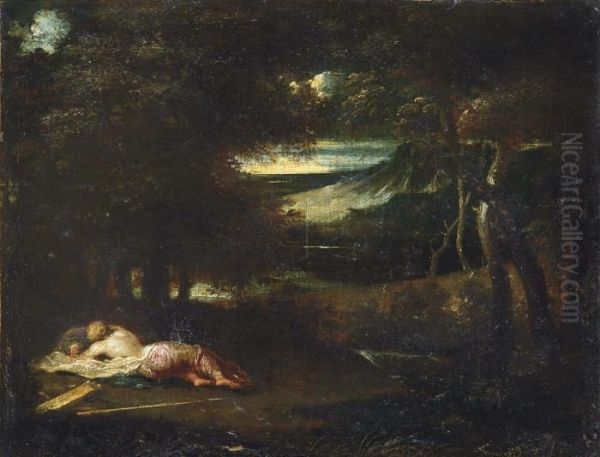 A Wooded Landscape With Diana Sleeping Oil Painting by Ippolito Scarsella (see Scarsellino)