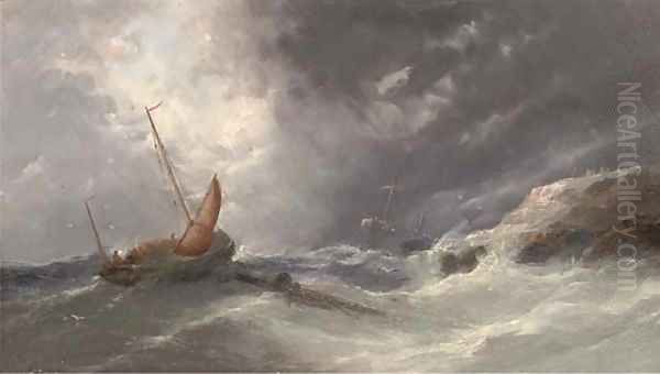 A fishing lugger in an onshore breeze with a wreck beyond Oil Painting by William Henry Williamson