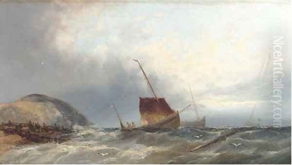 Fishing boats heading out from the beach Oil Painting by William Henry Williamson