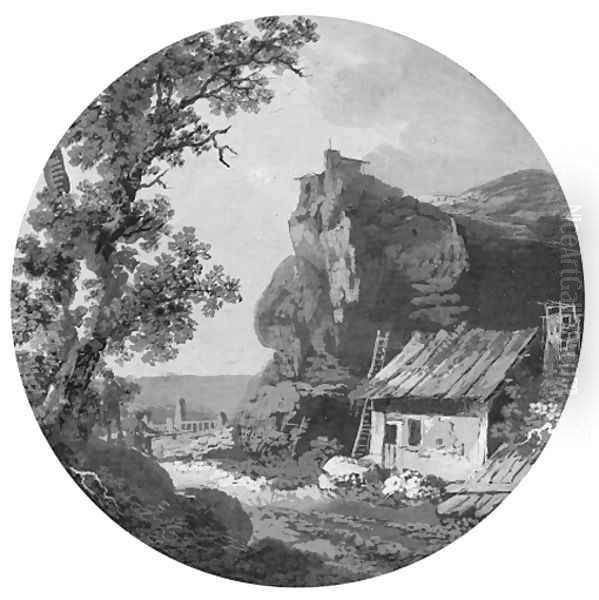 A landscape with a house near rocks Oil Painting by Claude-Henri Watelet