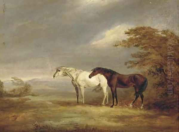 A chestnut and grey in a windy landscape Oil Painting by James Ward