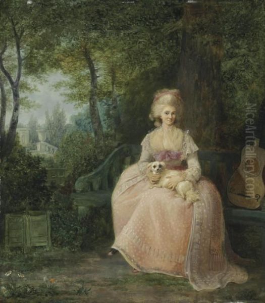 A Lady Seated With Her Pet Spaniel In A Park Oil Painting by Jean-Frederic Schall