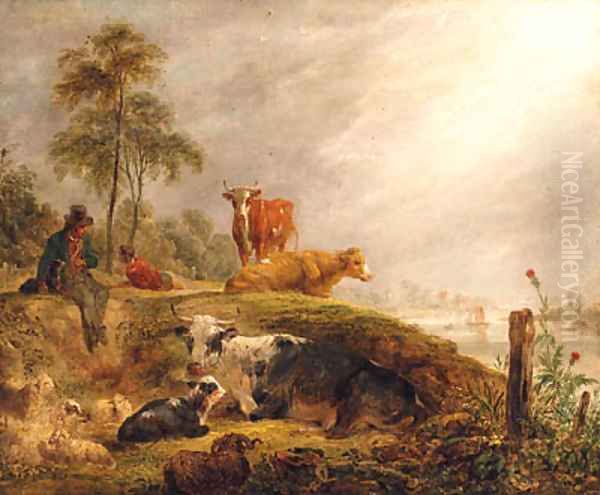 Herdsmen With Cattle And Sheep Resting By A River Oil Painting by James Ward