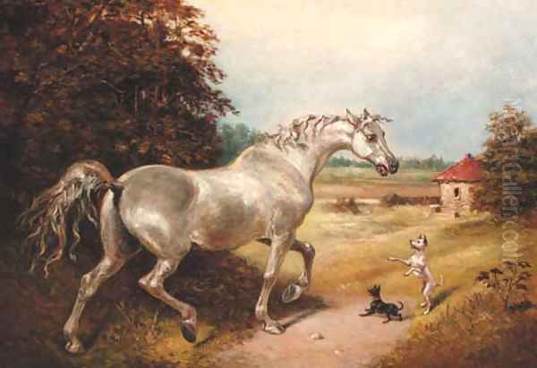 A grey with two dogs in a wooded landscape Oil Painting by James Ward