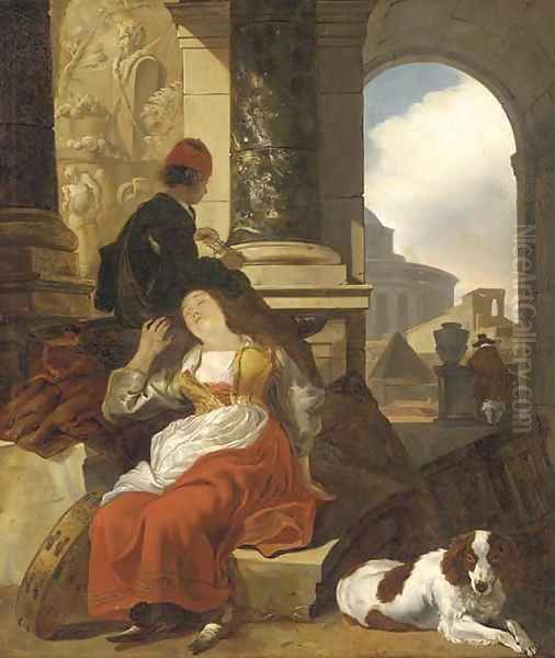 A capriccio of classical ruins with a sleeping tambourine player beside a dog, other figures beyond Oil Painting by Jan Baptist Weenix